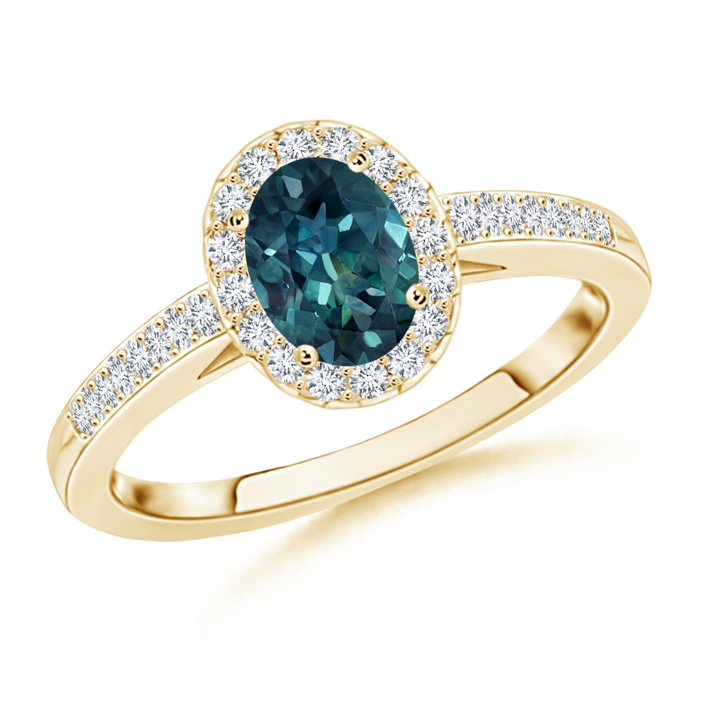 6x4mm AAA Classic Oval Teal Montana Sapphire Halo Ring with Diamond Accents in Yellow Gold