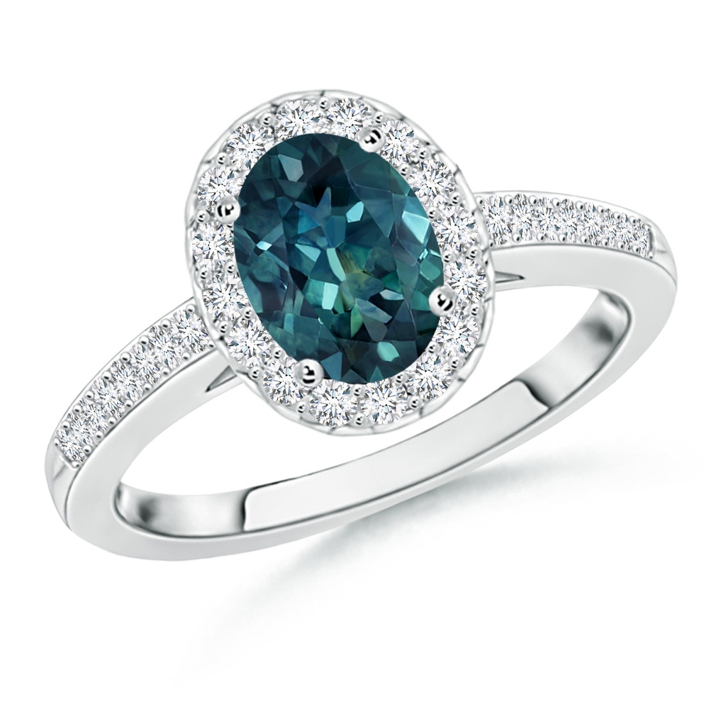 7x5mm AAA Classic Oval Teal Montana Sapphire Halo Ring with Diamond Accents in White Gold 