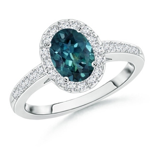 7x5mm AAA Classic Oval Teal Montana Sapphire Halo Ring with Diamond Accents in White Gold