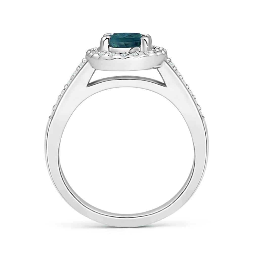 7x5mm AAA Classic Oval Teal Montana Sapphire Halo Ring with Diamond Accents in White Gold Side 1