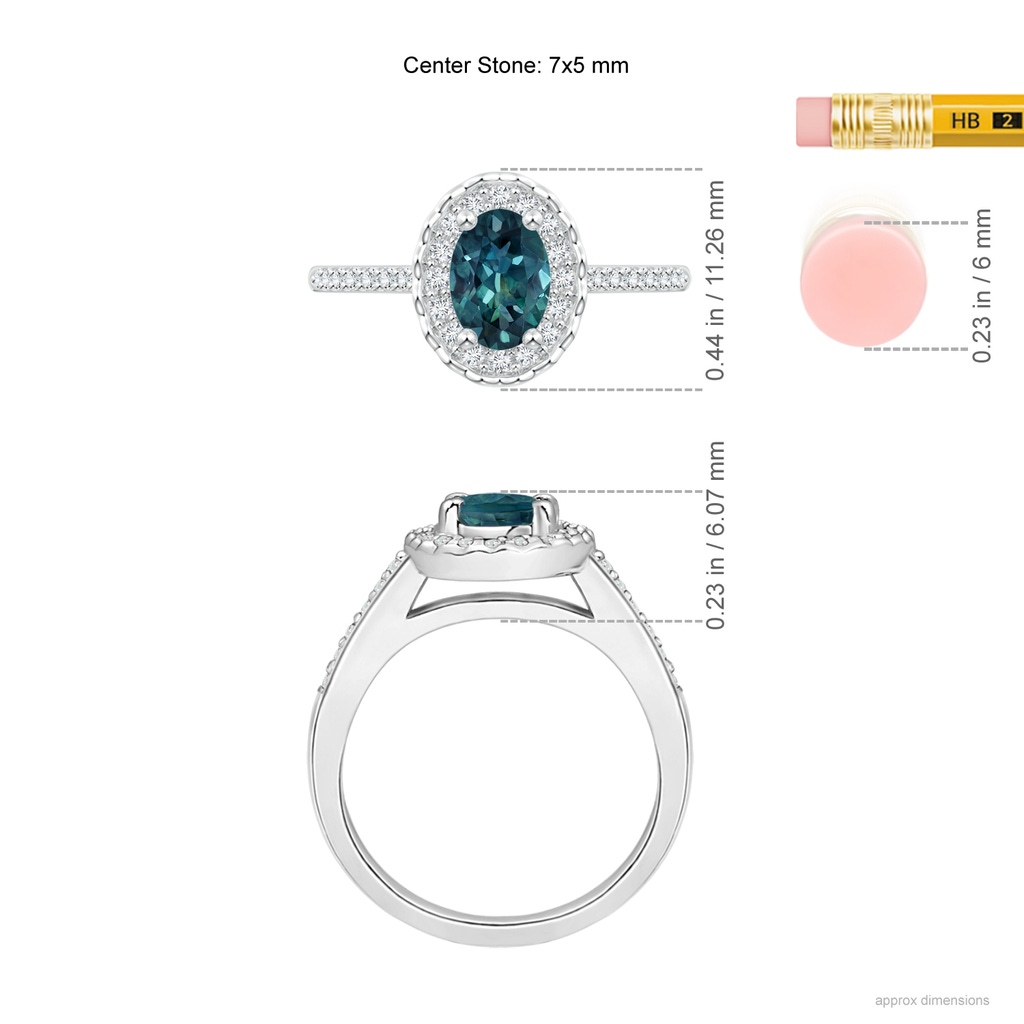 7x5mm AAA Classic Oval Teal Montana Sapphire Halo Ring with Diamond Accents in White Gold Ruler