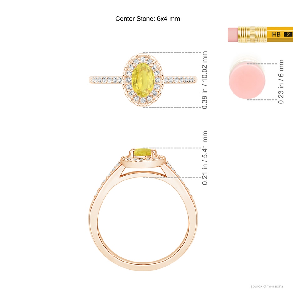6x4mm A Classic Oval Yellow Sapphire Halo Ring with Diamond Accents in Rose Gold ruler