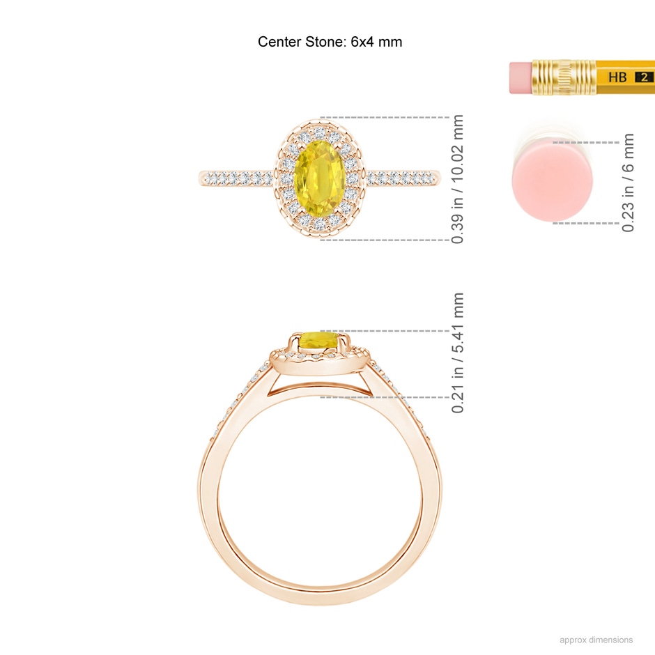 6x4mm AA Classic Oval Yellow Sapphire Halo Ring with Diamond Accents in Rose Gold ruler