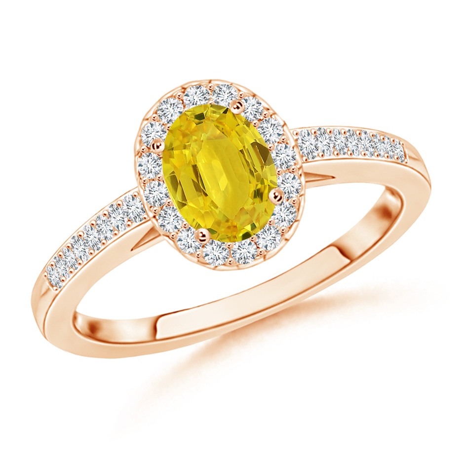 6x4mm AAA Classic Oval Yellow Sapphire Halo Ring with Diamond Accents in Rose Gold 