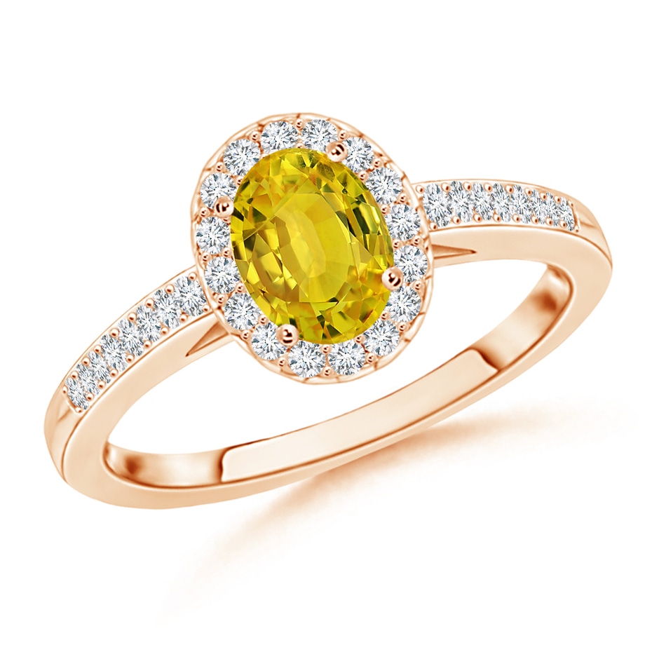 6x4mm AAAA Classic Oval Yellow Sapphire Halo Ring with Diamond Accents in 9K Rose Gold 