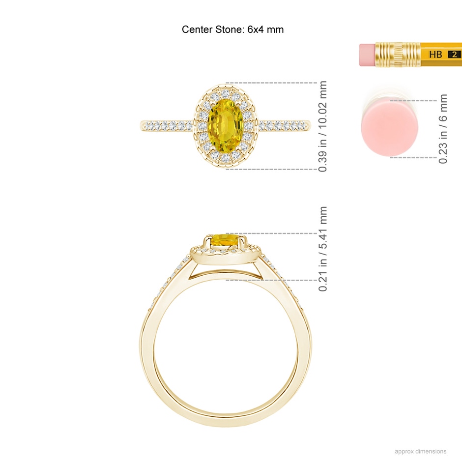 6x4mm AAAA Classic Oval Yellow Sapphire Halo Ring with Diamond Accents in Yellow Gold ruler