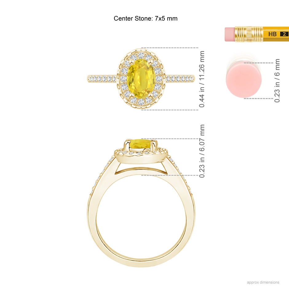 7x5mm AA Classic Oval Yellow Sapphire Halo Ring with Diamond Accents in Yellow Gold ruler