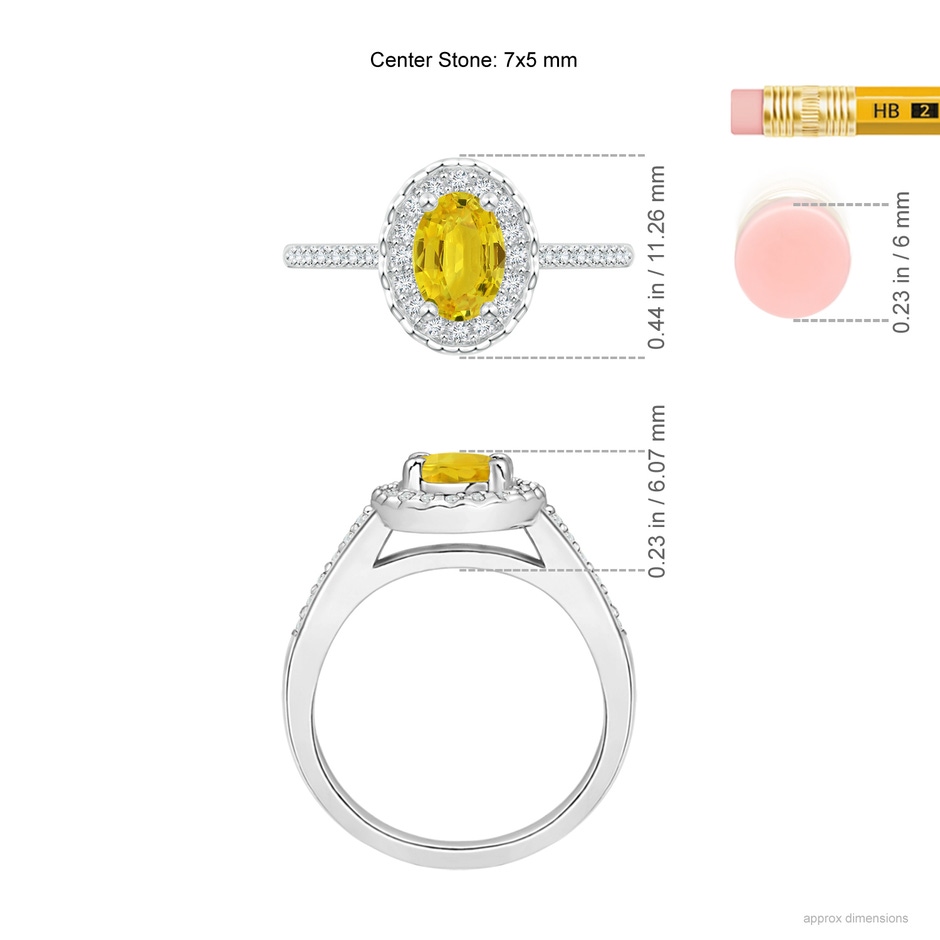 7x5mm AAA Classic Oval Yellow Sapphire Halo Ring with Diamond Accents in White Gold ruler