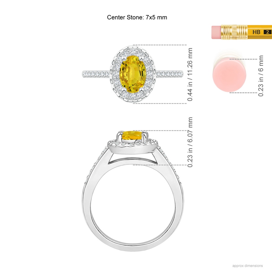 7x5mm AAAA Classic Oval Yellow Sapphire Halo Ring with Diamond Accents in White Gold ruler