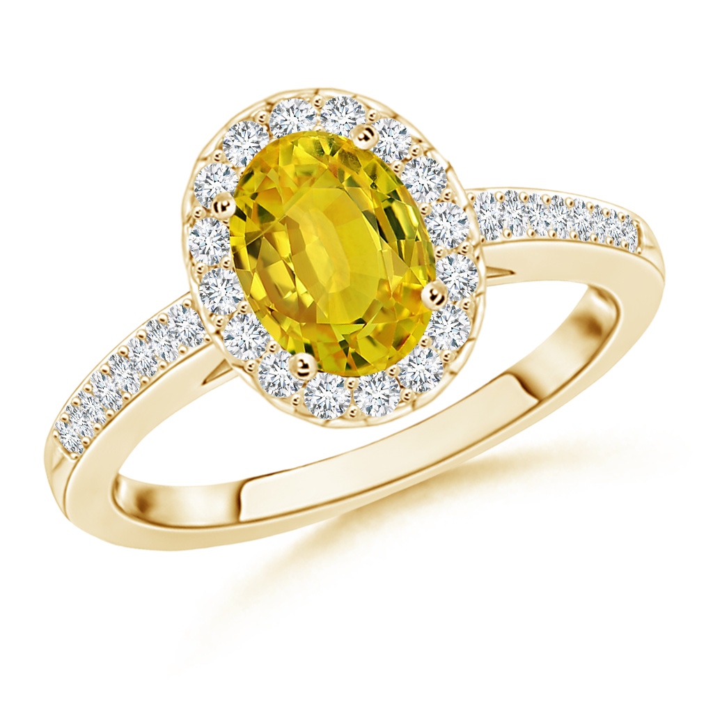 7x5mm AAAA Classic Oval Yellow Sapphire Halo Ring with Diamond Accents in Yellow Gold