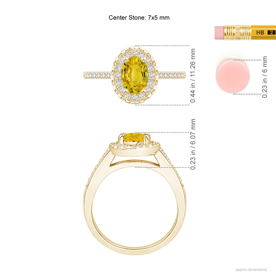 7x5mm AAAA Classic Oval Yellow Sapphire Halo Ring with Diamond Accents in Yellow Gold ruler