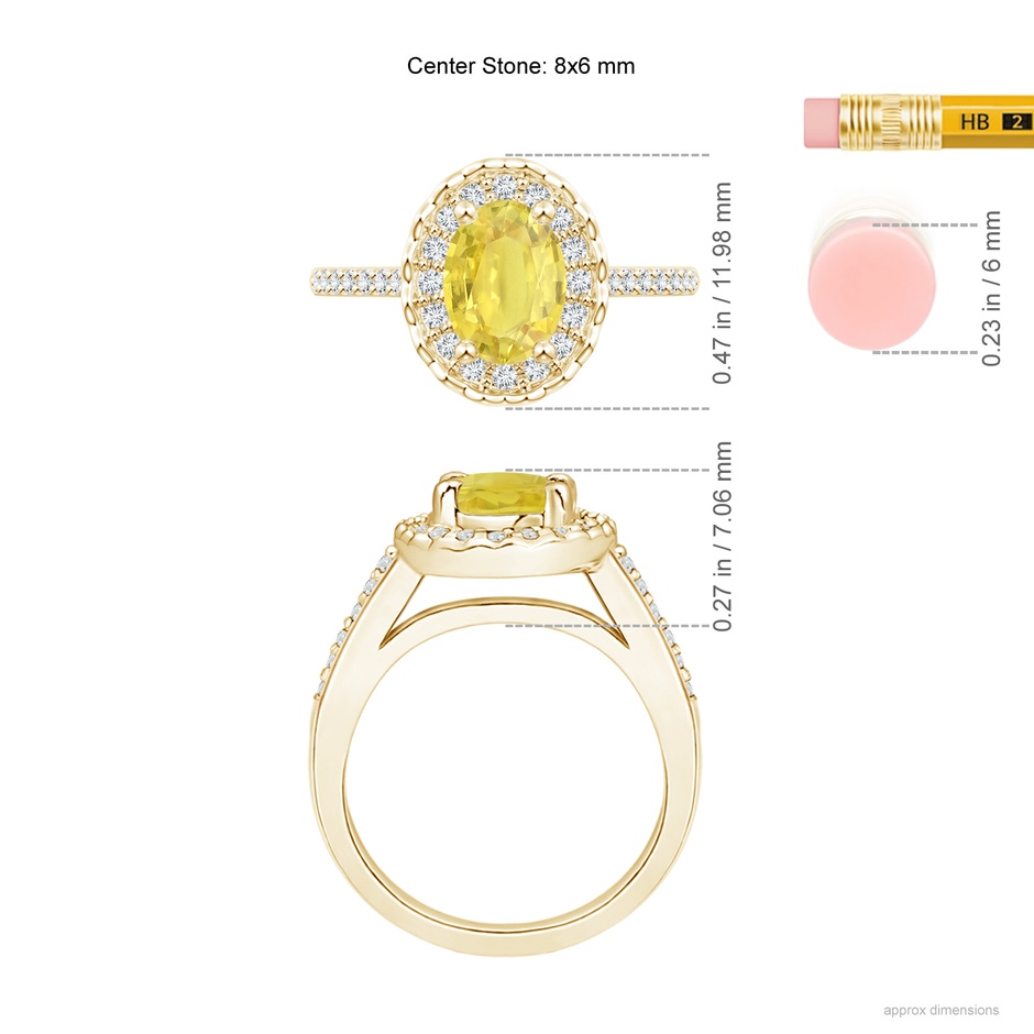 8x6mm A Classic Oval Yellow Sapphire Halo Ring with Diamond Accents in Yellow Gold ruler