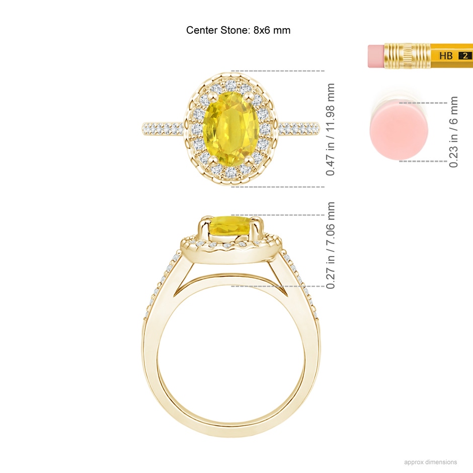 8x6mm AA Classic Oval Yellow Sapphire Halo Ring with Diamond Accents in Yellow Gold ruler