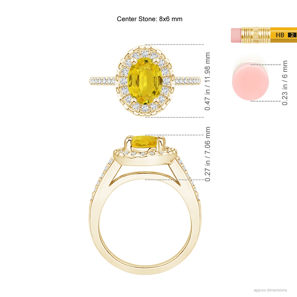 8x6mm AAA Classic Oval Yellow Sapphire Halo Ring with Diamond Accents in Yellow Gold Ruler