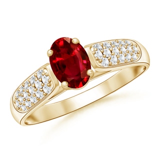 6x4mm AAAA Solitaire Oval Ruby Ring with Pavé Diamond Accents in Yellow Gold