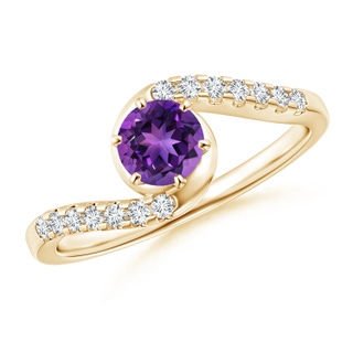 5mm AAAA Prong-Set Amethyst Bypass Ring with Diamond Accents in 9K Yellow Gold