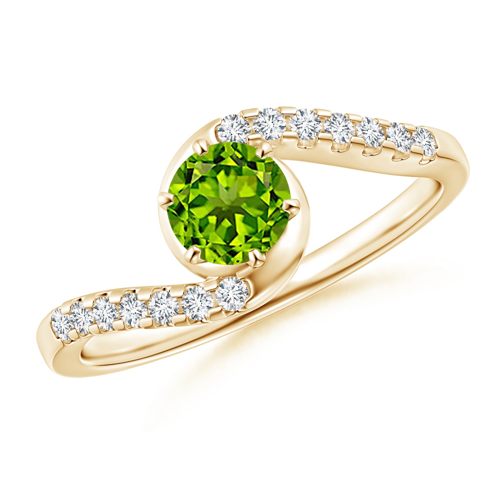 5mm AAAA Prong-Set Peridot Bypass Ring with Diamond Accents in Yellow Gold