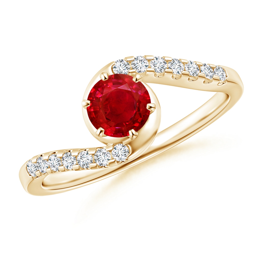 5mm AAA Prong-Set Ruby Bypass Ring with Diamond Accents in Yellow Gold