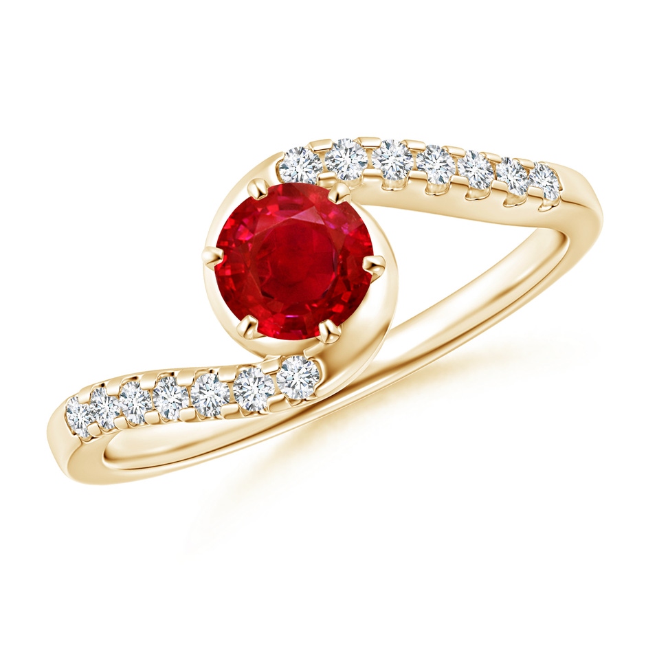 5mm AAA Prong-Set Ruby Bypass Ring with Diamond Accents in Yellow Gold 