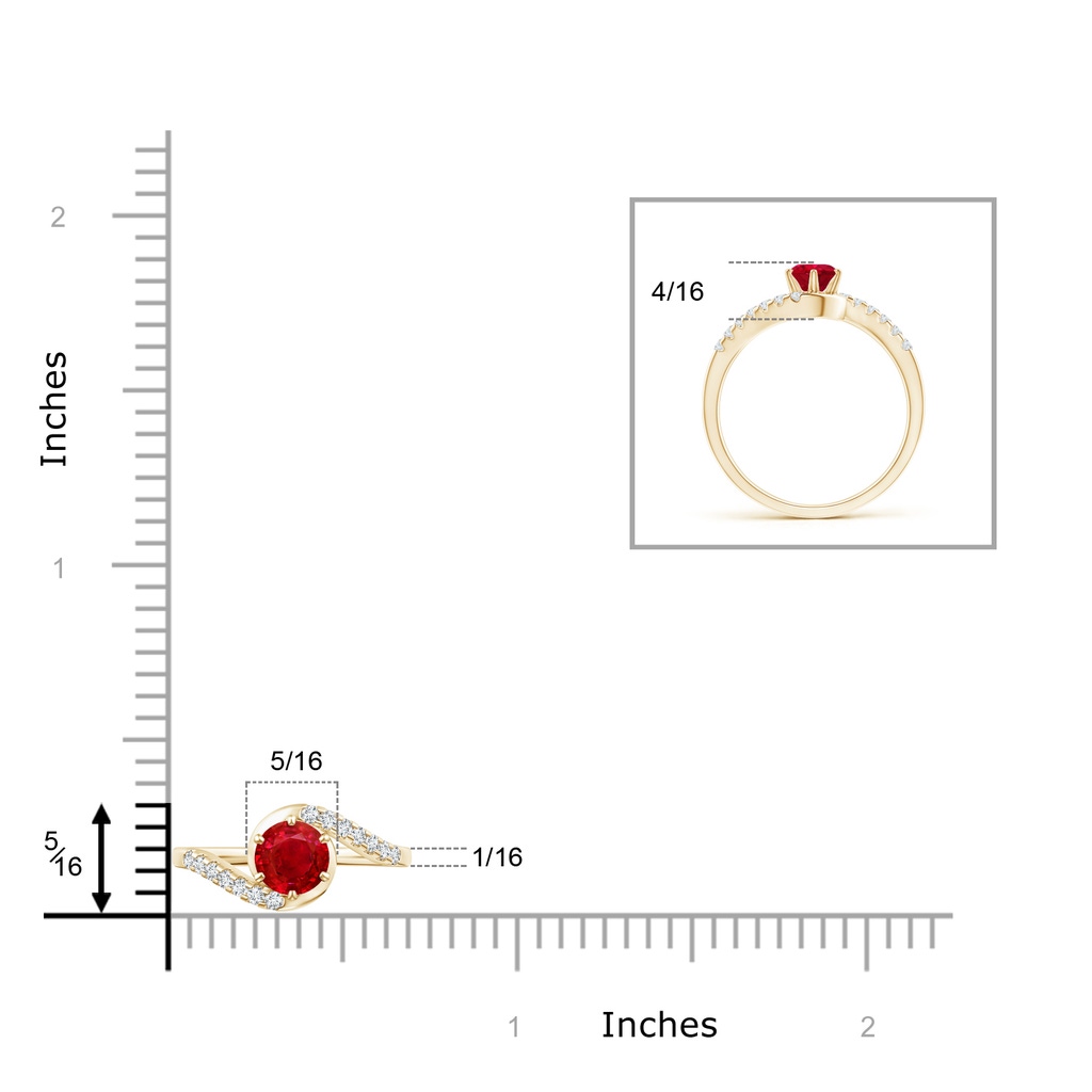 5mm AAA Prong-Set Ruby Bypass Ring with Diamond Accents in Yellow Gold Ruler