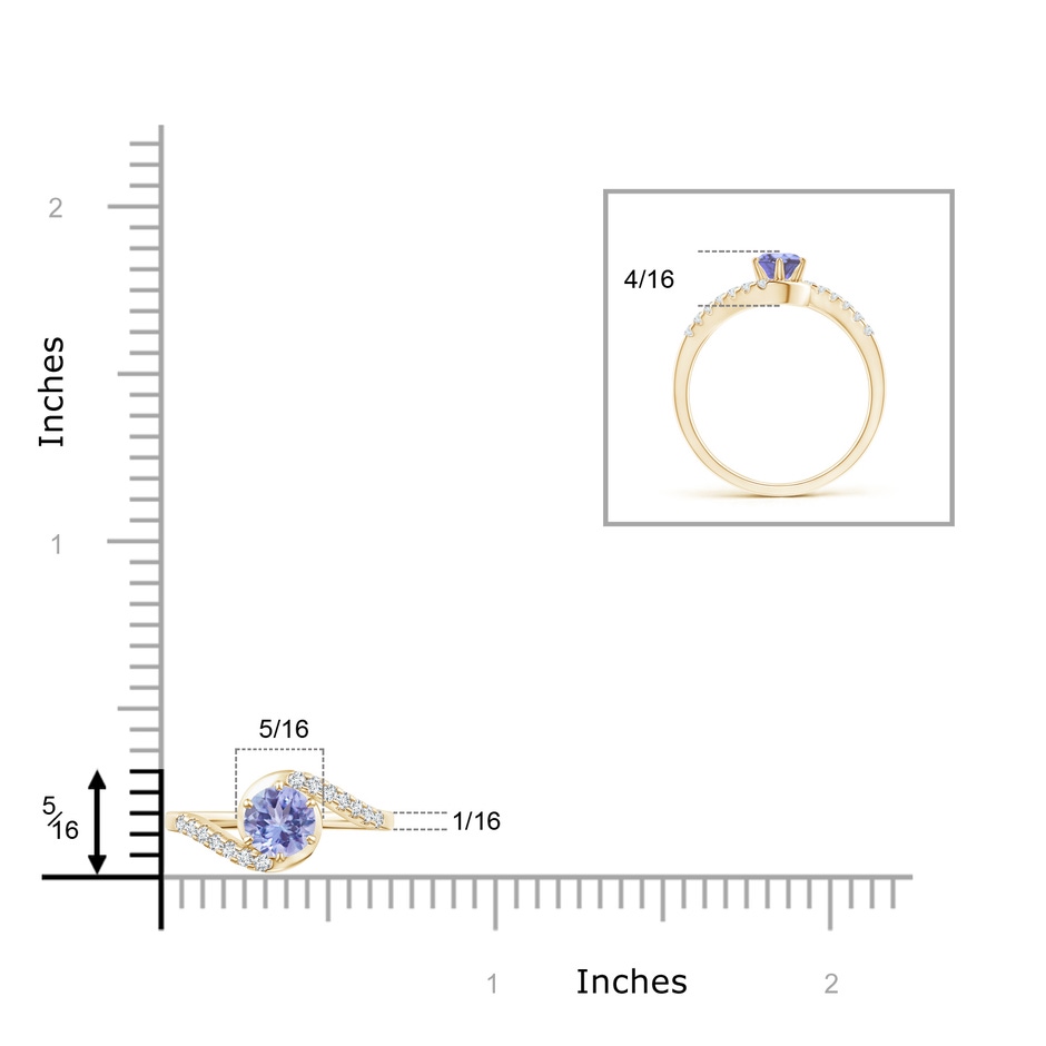 5mm AA Prong-Set Tanzanite Bypass Ring with Diamond Accents in Yellow Gold ruler