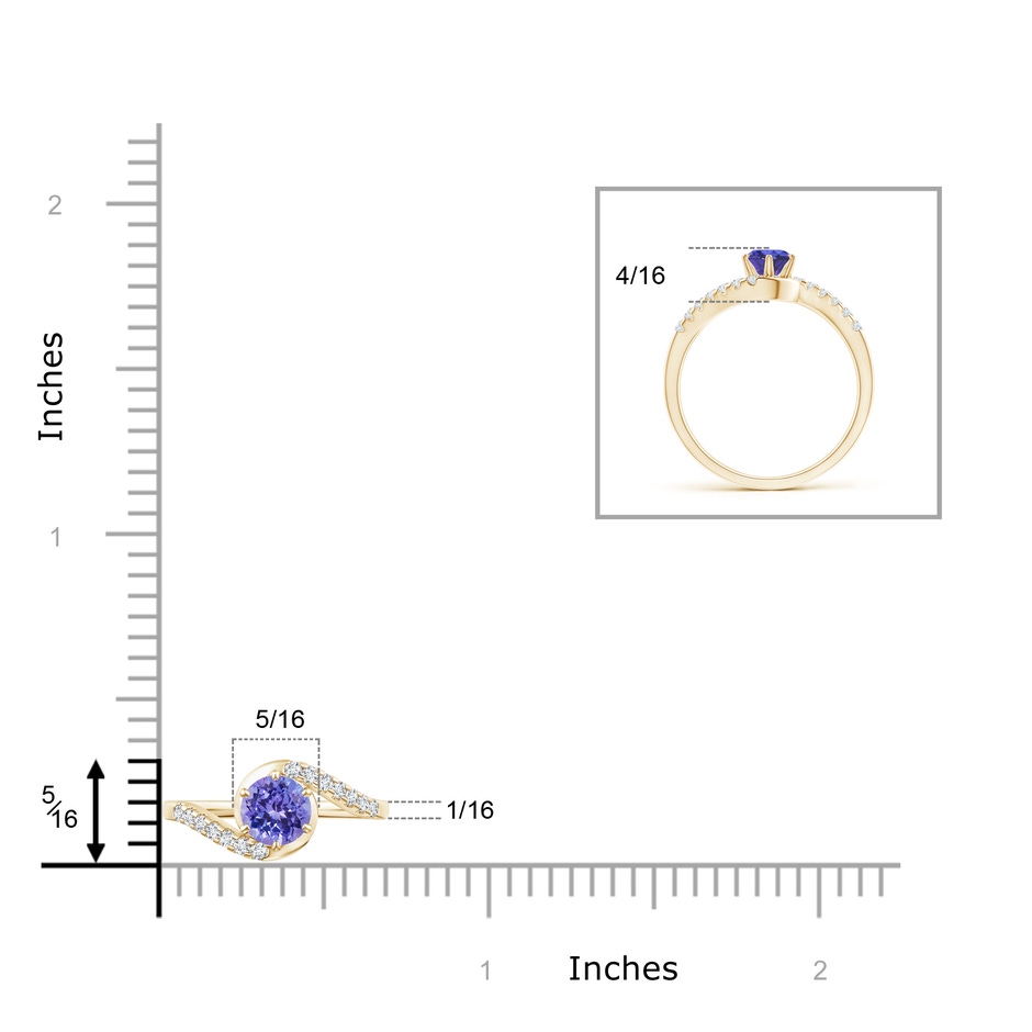 5mm AAA Prong-Set Tanzanite Bypass Ring with Diamond Accents in Yellow Gold ruler