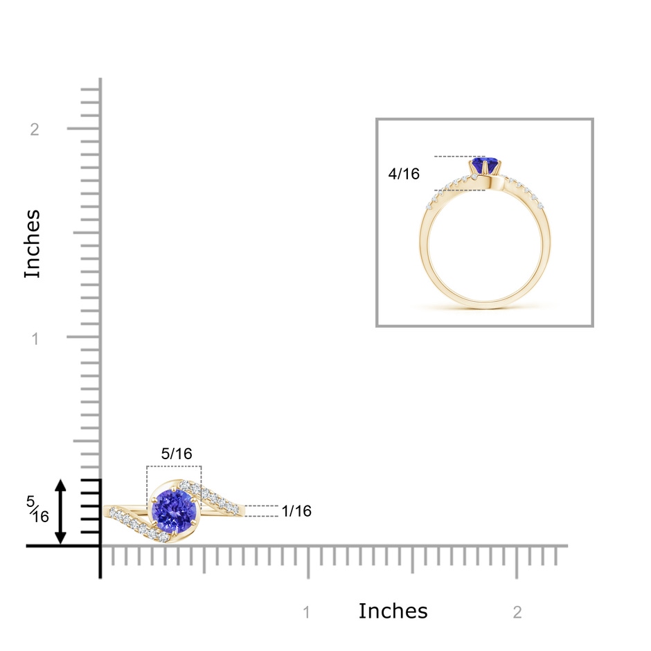 5mm AAAA Prong-Set Tanzanite Bypass Ring with Diamond Accents in Yellow Gold ruler