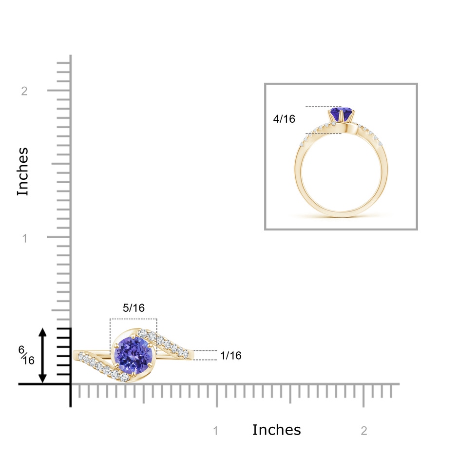 6mm AA Prong-Set Tanzanite Bypass Ring with Diamond Accents in Yellow Gold ruler