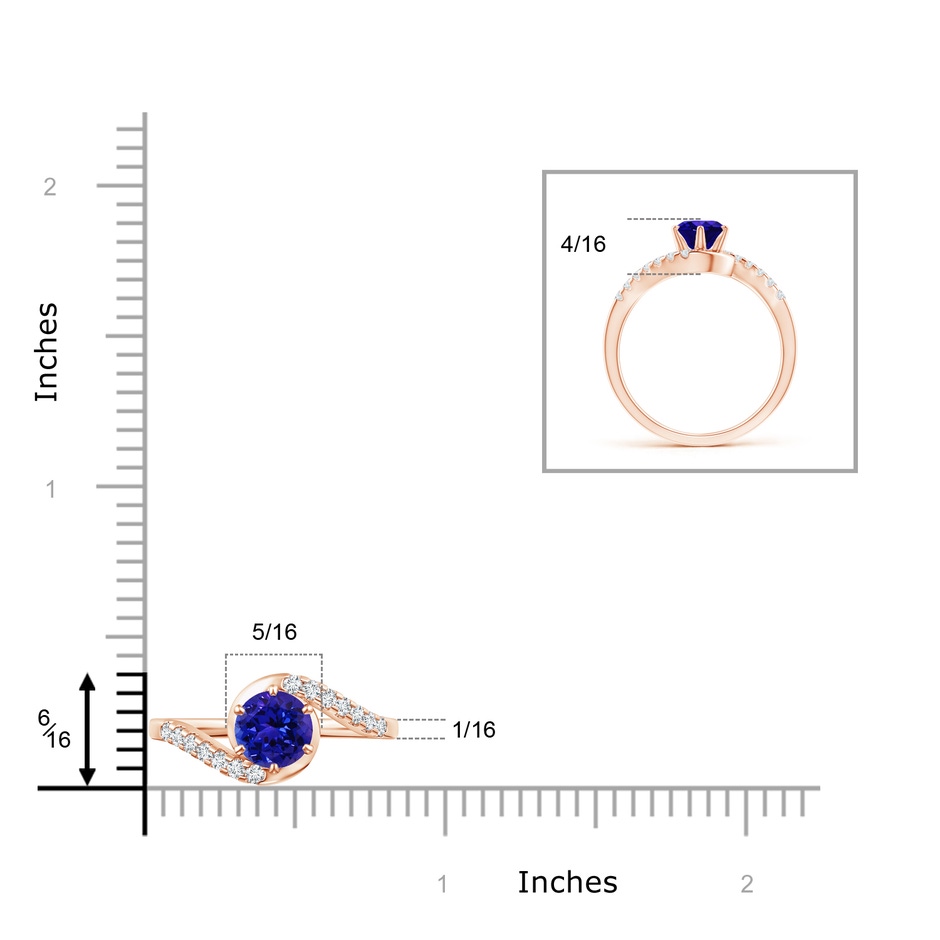 6mm AAAA Prong-Set Tanzanite Bypass Ring with Diamond Accents in Rose Gold ruler