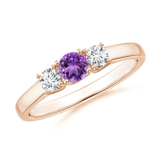 4mm AA Classic Round Amethyst and Diamond Three Stone Ring in 10K Rose Gold