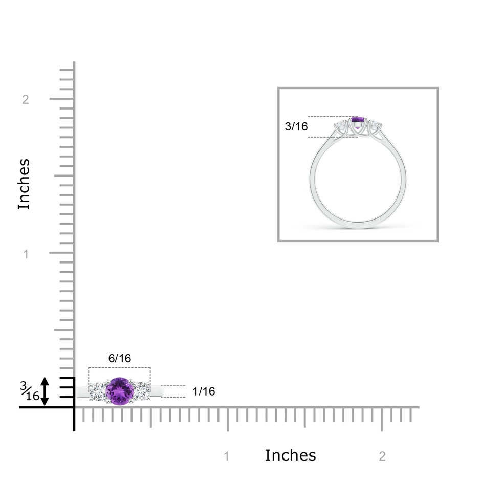 4mm AAA Classic Round Amethyst and Diamond Three Stone Ring in White Gold ruler