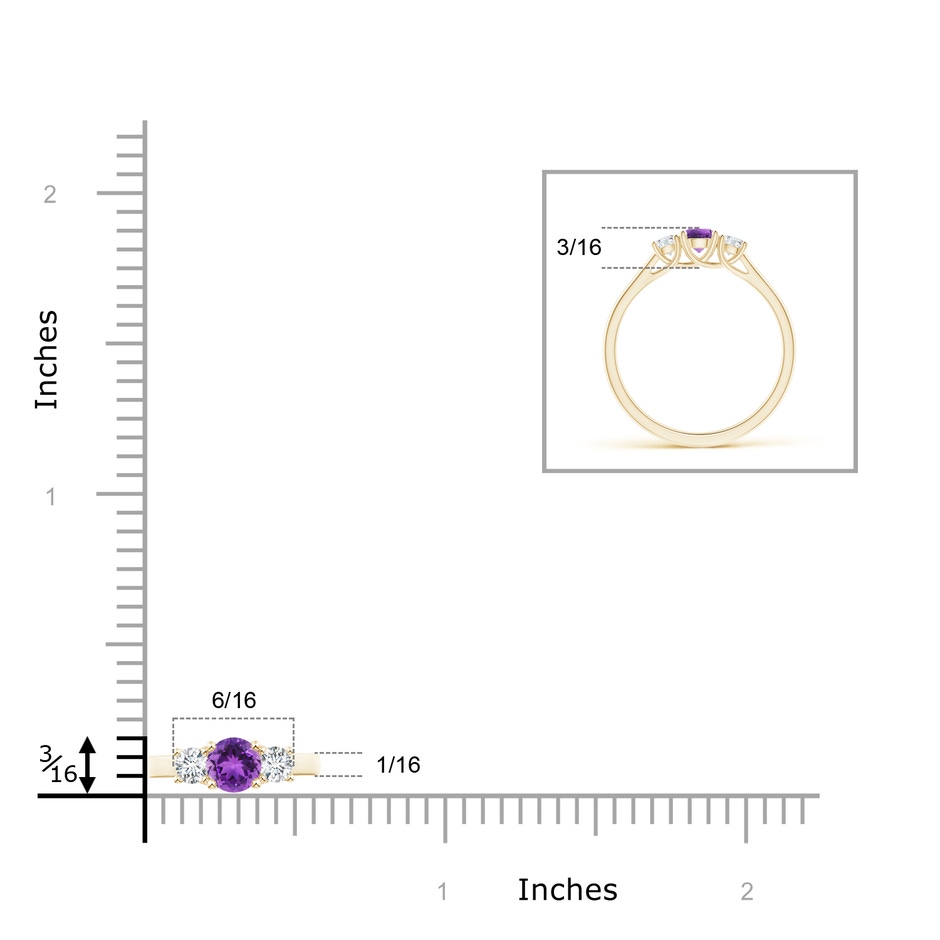 4mm AAA Classic Round Amethyst and Diamond Three Stone Ring in Yellow Gold ruler