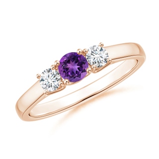4mm AAAA Classic Round Amethyst and Diamond Three Stone Ring in 10K Rose Gold