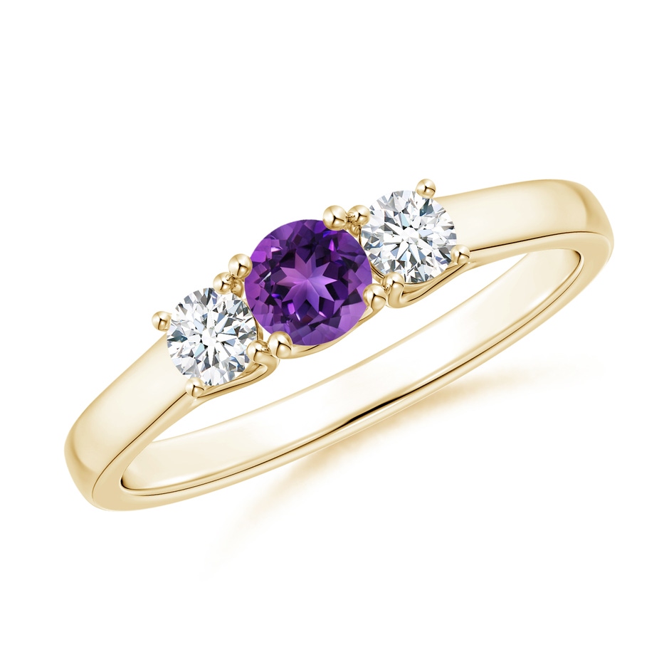 4mm AAAA Classic Round Amethyst and Diamond Three Stone Ring in Yellow Gold 