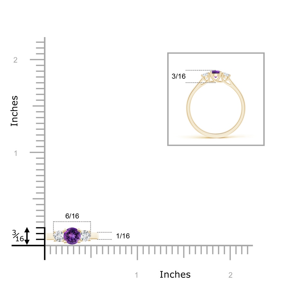 4mm AAAA Classic Round Amethyst and Diamond Three Stone Ring in Yellow Gold ruler