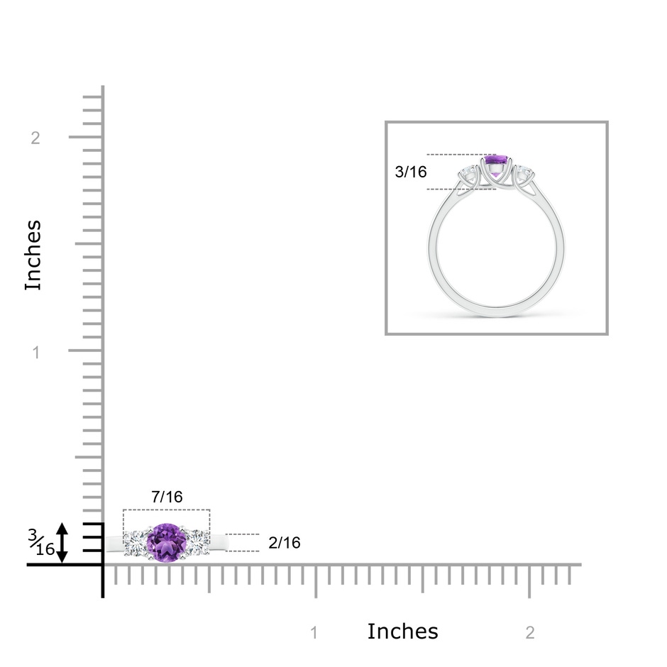 5mm AA Classic Round Amethyst and Diamond Three Stone Ring in White Gold ruler
