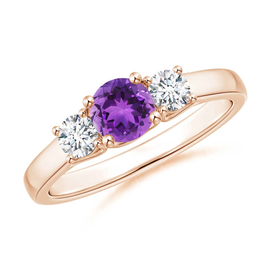 5mm AAA Classic Round Amethyst and Diamond Three Stone Ring in Rose Gold 