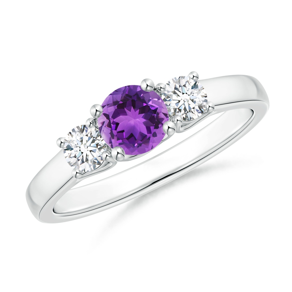 5mm AAA Classic Round Amethyst and Diamond Three Stone Ring in White Gold