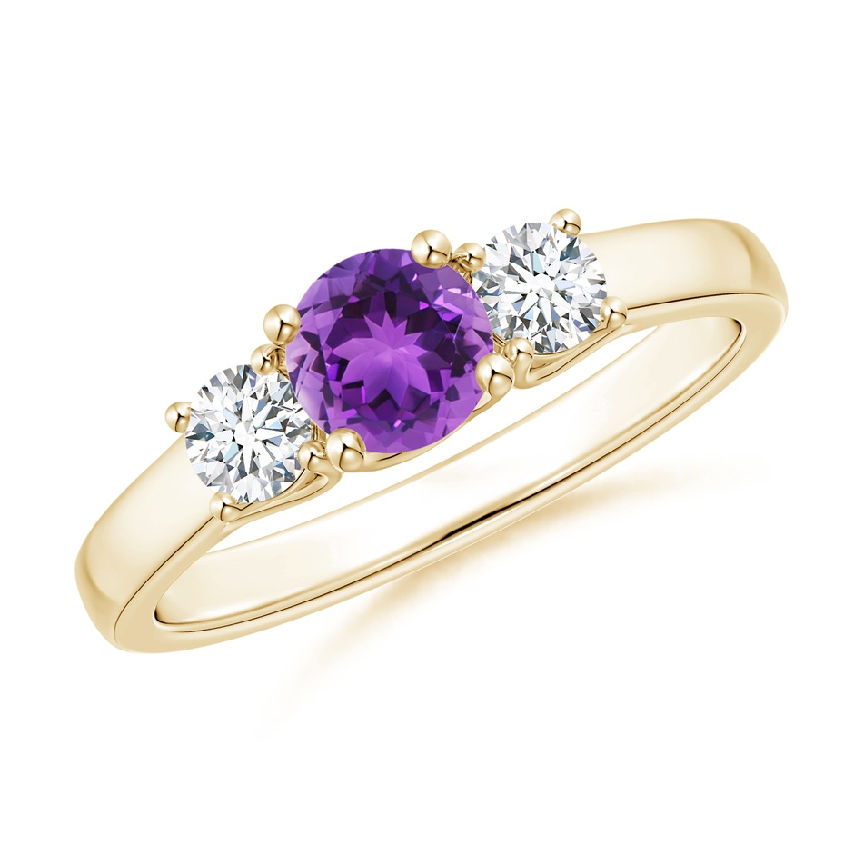 5mm AAA Classic Round Amethyst and Diamond Three Stone Ring in Yellow Gold 