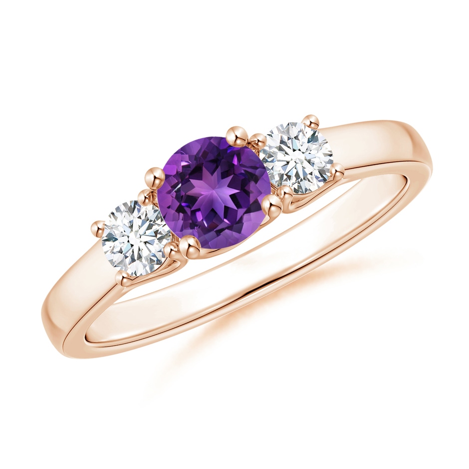 5mm AAAA Classic Round Amethyst and Diamond Three Stone Ring in Rose Gold 