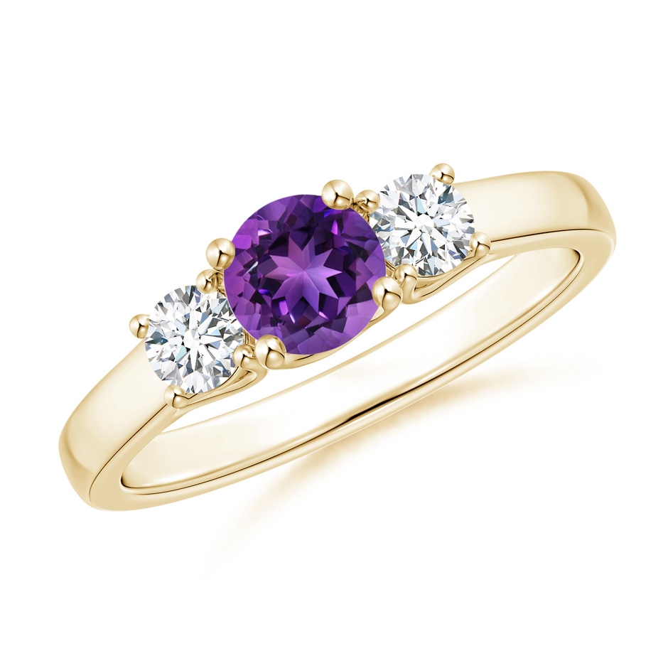 5mm AAAA Classic Round Amethyst and Diamond Three Stone Ring in Yellow Gold 