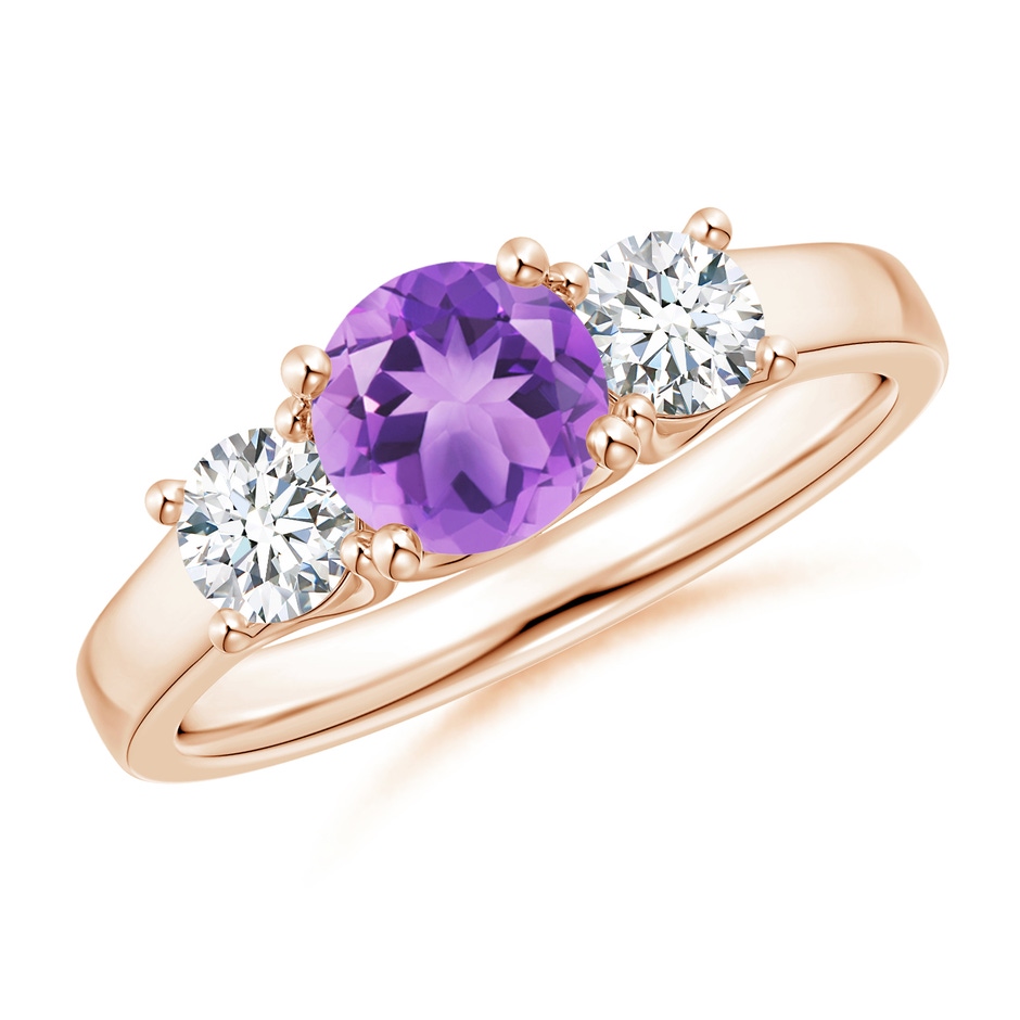 6mm A Classic Round Amethyst and Diamond Three Stone Ring in Rose Gold 