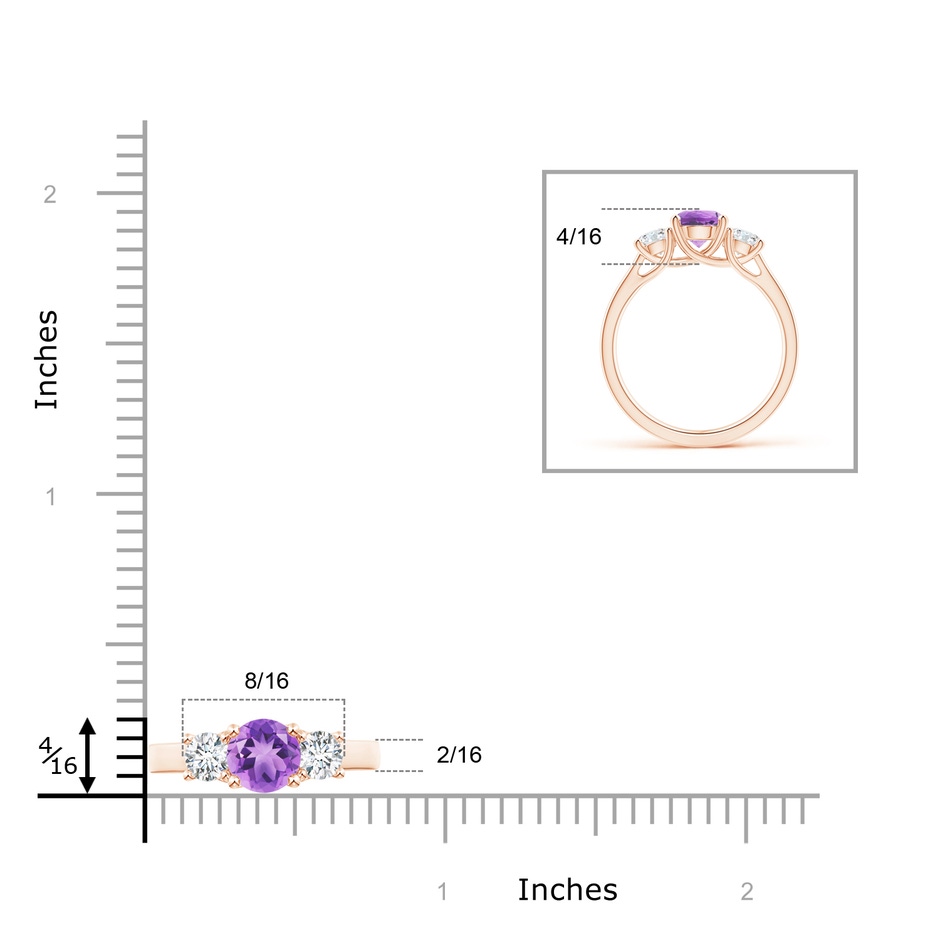 6mm A Classic Round Amethyst and Diamond Three Stone Ring in Rose Gold ruler