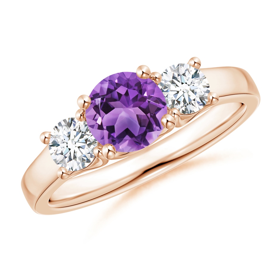 6mm AA Classic Round Amethyst and Diamond Three Stone Ring in Rose Gold 