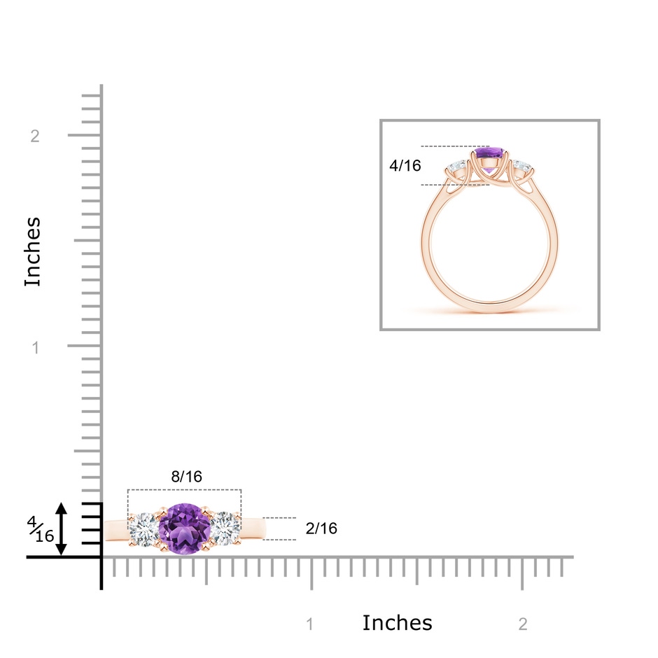 6mm AA Classic Round Amethyst and Diamond Three Stone Ring in Rose Gold ruler