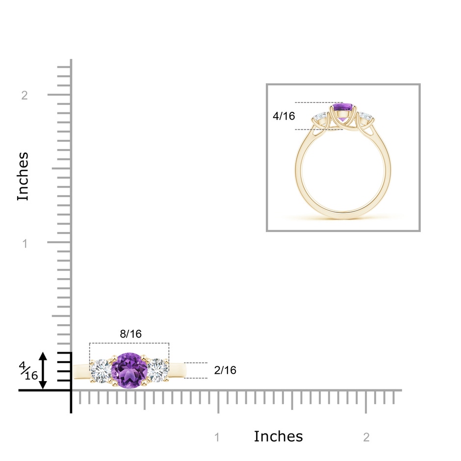6mm AA Classic Round Amethyst and Diamond Three Stone Ring in Yellow Gold ruler