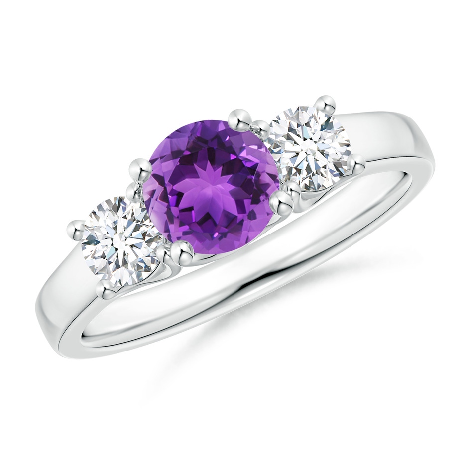 6mm AAA Classic Round Amethyst and Diamond Three Stone Ring in White Gold 