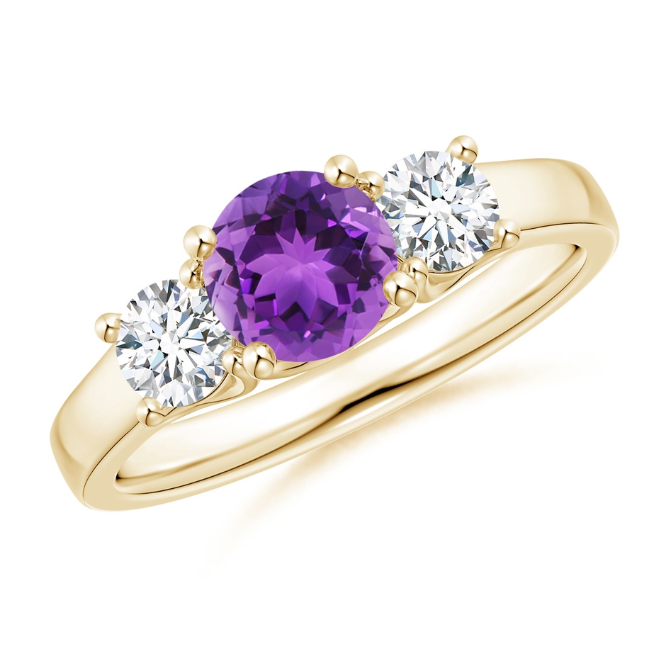 6mm AAA Classic Round Amethyst and Diamond Three Stone Ring in Yellow Gold 