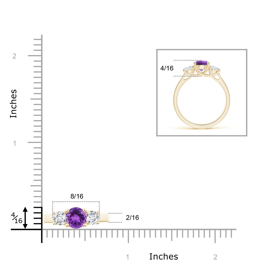 6mm AAA Classic Round Amethyst and Diamond Three Stone Ring in Yellow Gold ruler