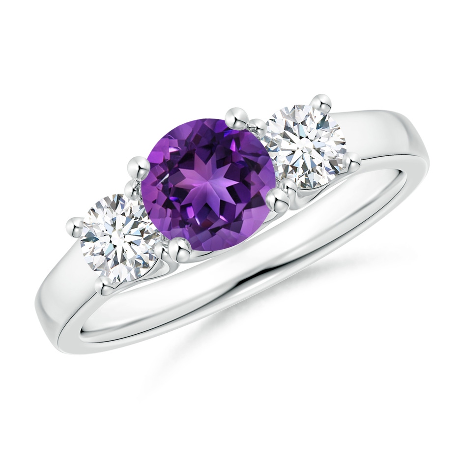 6mm AAAA Classic Round Amethyst and Diamond Three Stone Ring in P950 Platinum 